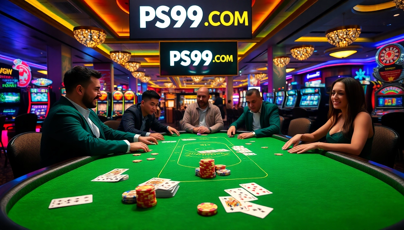Experience the excitement at PS99 COM with a luxurious casino poker scene featuring vibrant gaming elements.