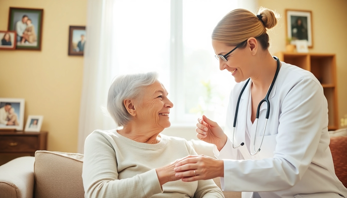 Caregiver supporting elderly individual in home health care near me environment.