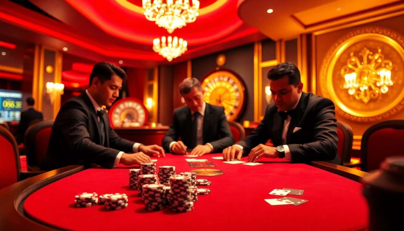 Professional players enjoying a poker game at RR88's luxurious casino table.