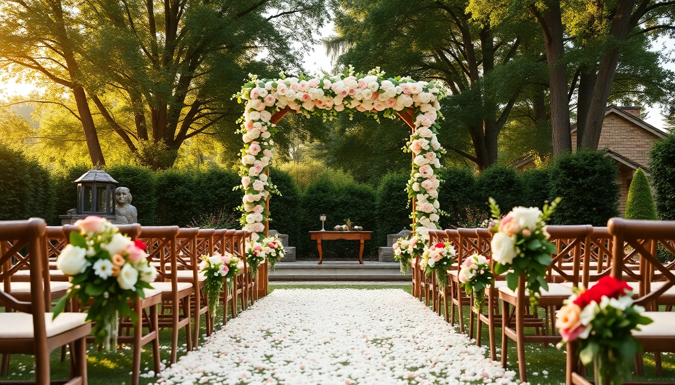 Stunning setup for Clarksburg wedding venues featuring floral arch and natural surroundings.