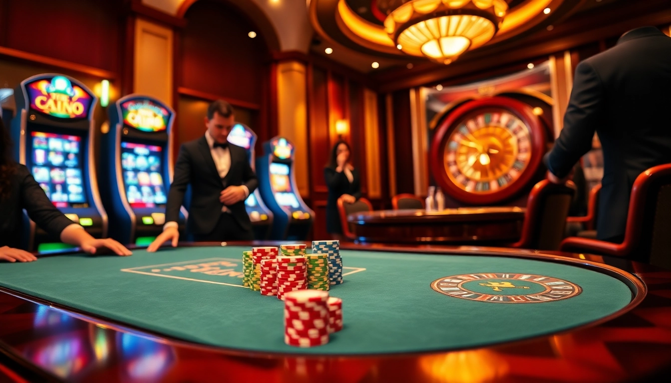 Vivez l'excitation du casino en ligne avec des joueurs autour d'une table de poker élégante et des machines à sous lumineuses.