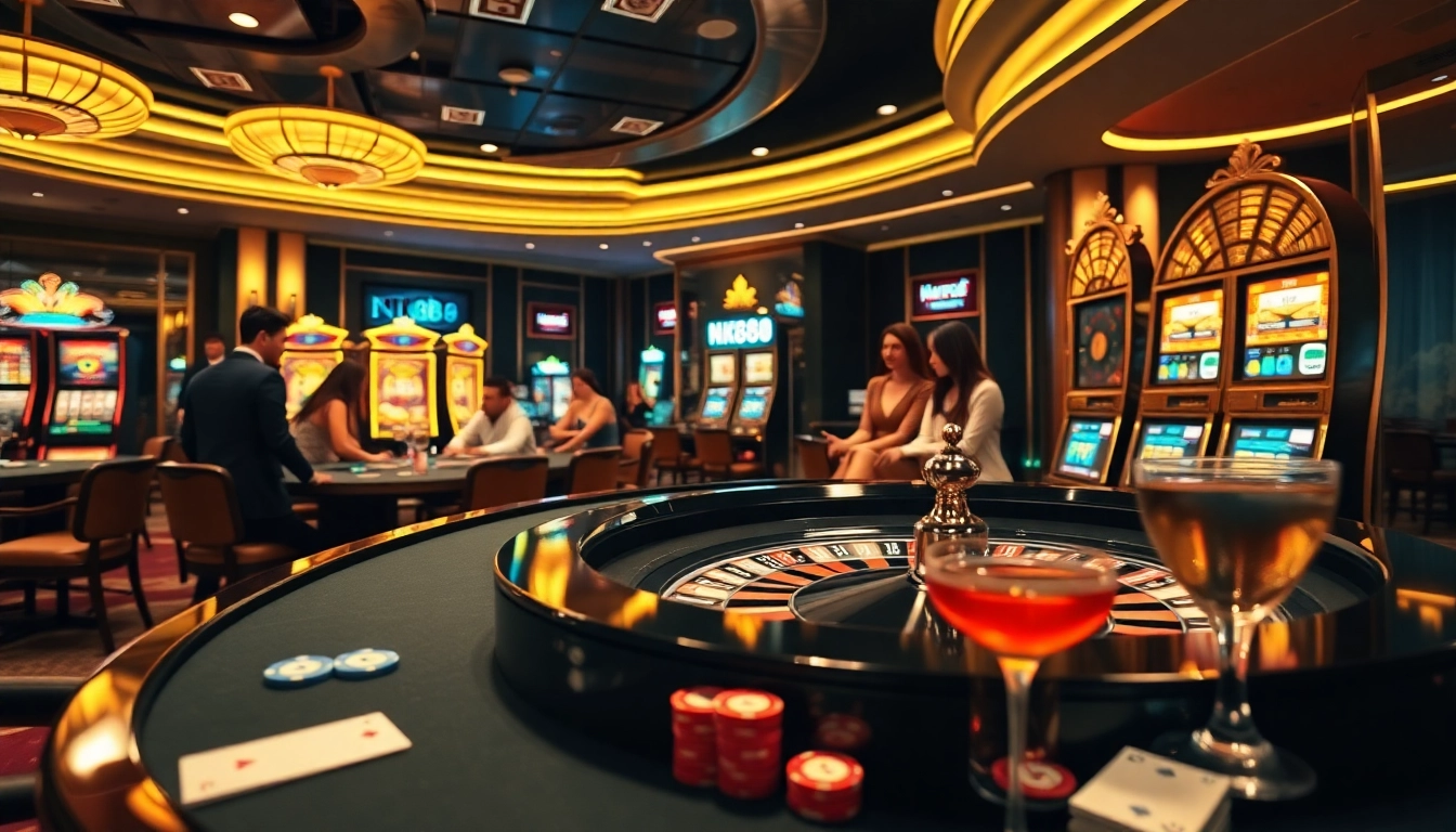 NK88 casino excitement with vibrant roulette table and excited players enjoying an upscale gambling experience.