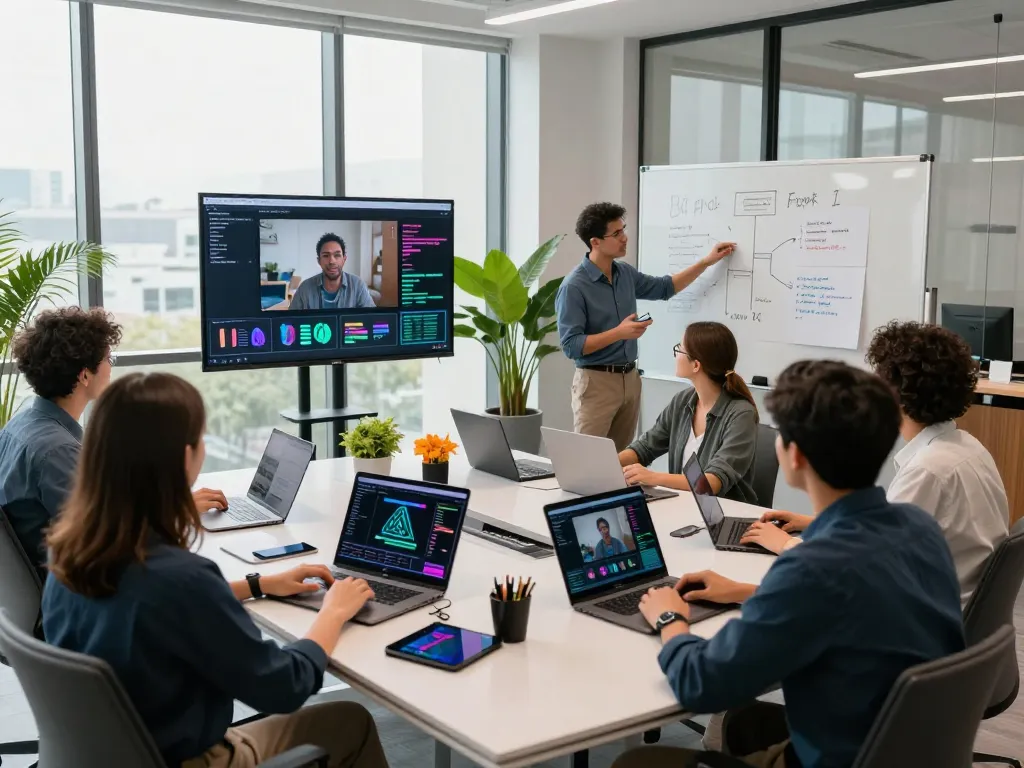 Team collaborating in a modern office using video to prompt technology for AI video analysis.