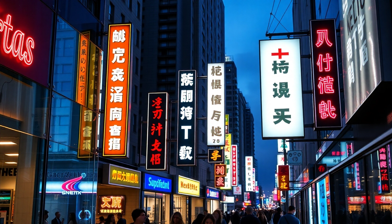 Showcase electrical signs in an urban setting, highlighting vibrant LED designs and atmosphere.