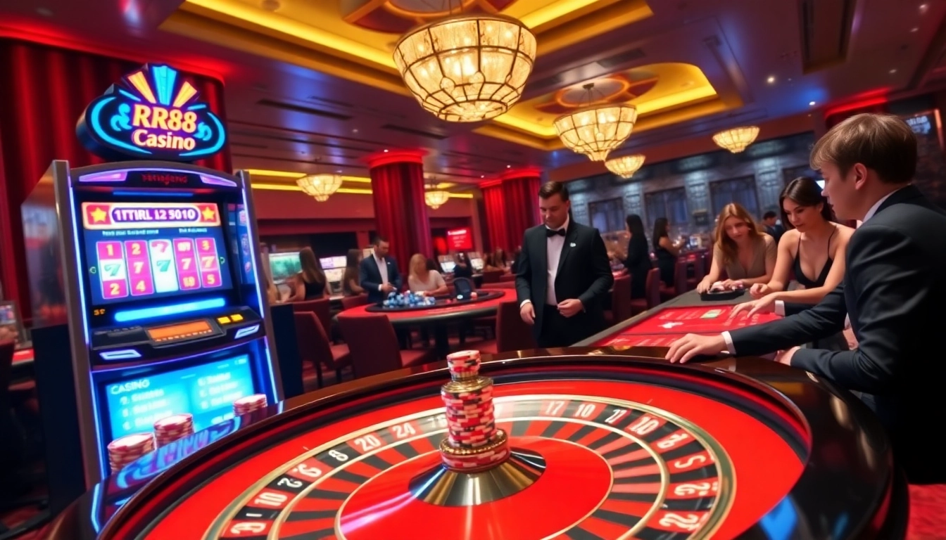 Players at RR88 casino enjoy a thrilling roulette game, surrounded by luxurious decor.
