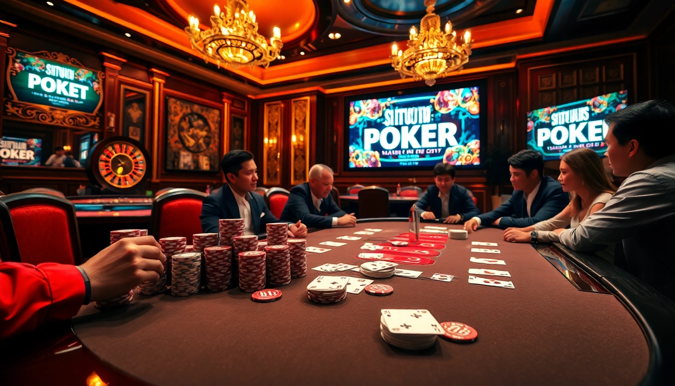 Bermain permainan taruhan tinggi di situs idn poker dengan suasana kasino yang hidup.