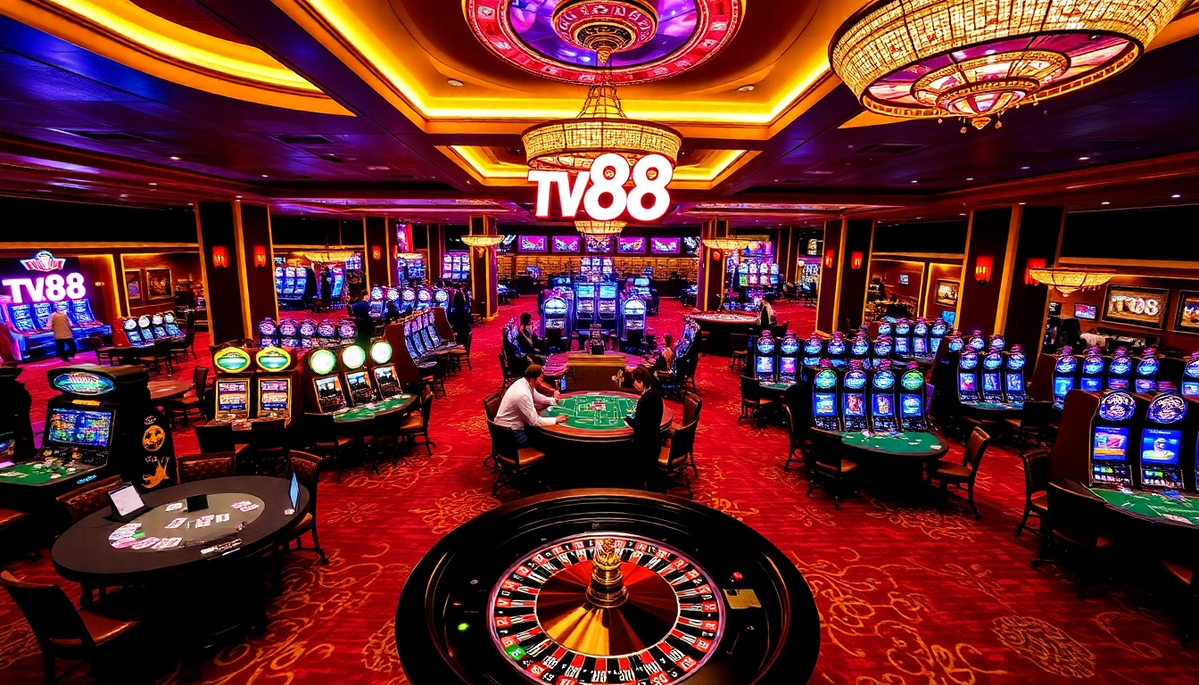 Experience the thrill of gaming with TV88 amidst a vibrant casino atmosphere.