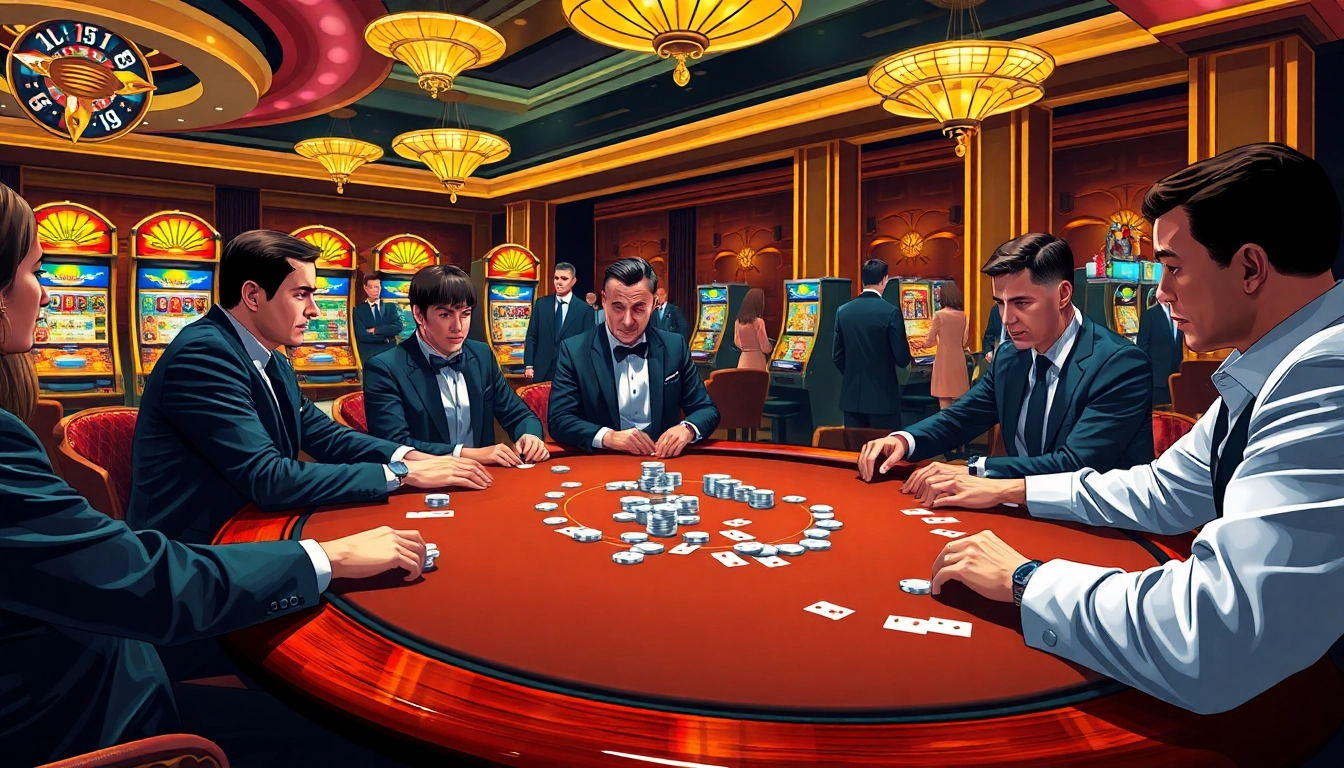 Joueurs engagés à une table de poker de casino en ligne montrant l'excitation et le luxe du jeu.