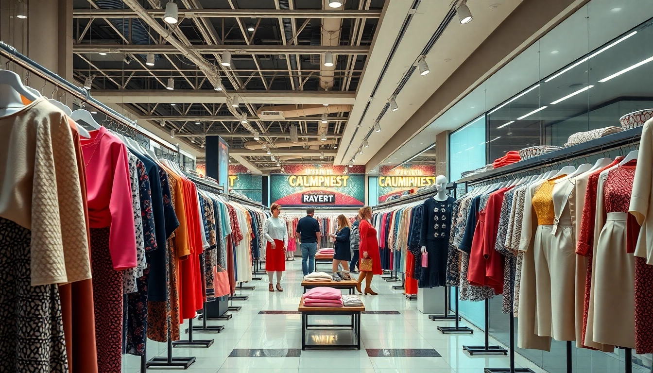레플리카쇼핑몰의 세련된 의류가 진열된 생기 넘치는 쇼핑몰 풍경.
