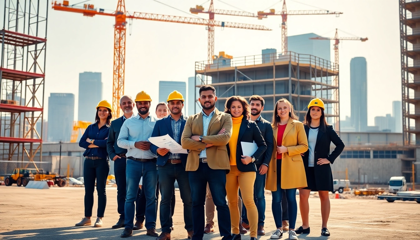 Construction association professionals engaged in a dynamic discussion at a site, emphasizing teamwork.