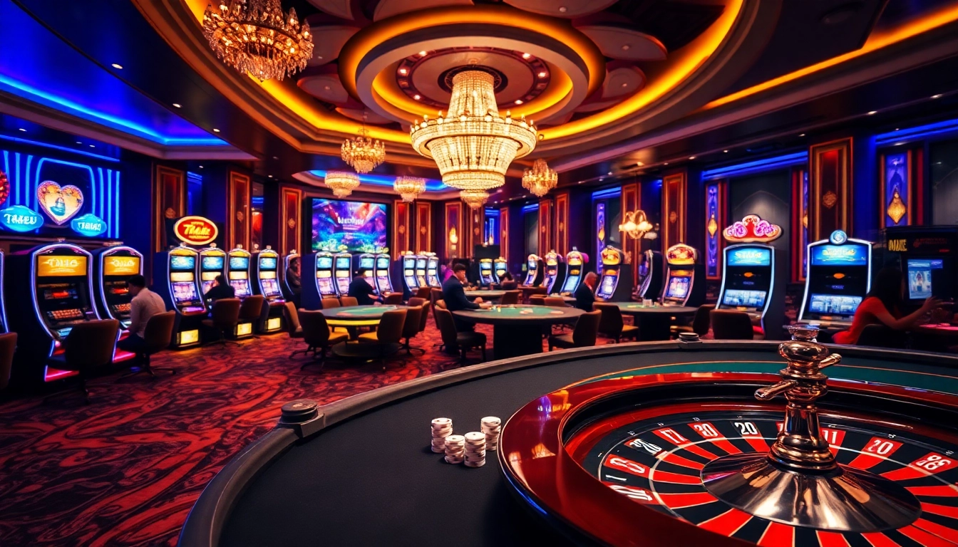 Players enjoying games at Thabet Casino with poker tables and slot machines.