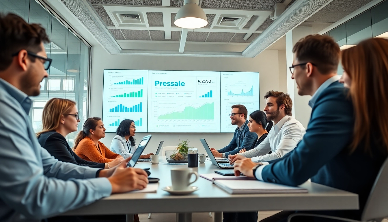 Dynamic professionals discussing presale strategies in a modern office.