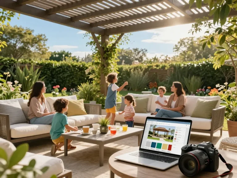 Family enjoying outdoor garden under custom pergola configurator showcasing design options.
