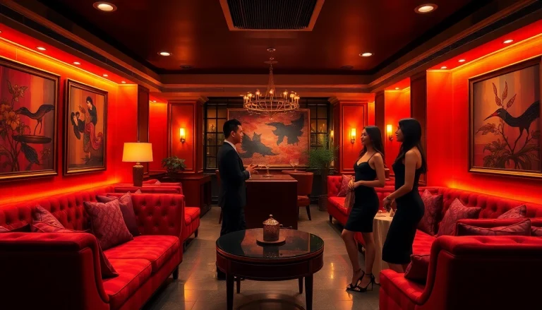 Singapore escort lounge with luxury decor, inviting atmosphere, diverse models in conversation.