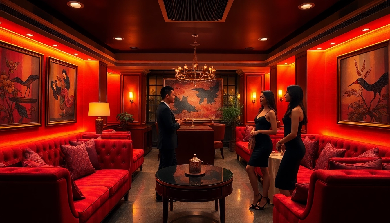 Singapore escort lounge with luxury decor, inviting atmosphere, diverse models in conversation.