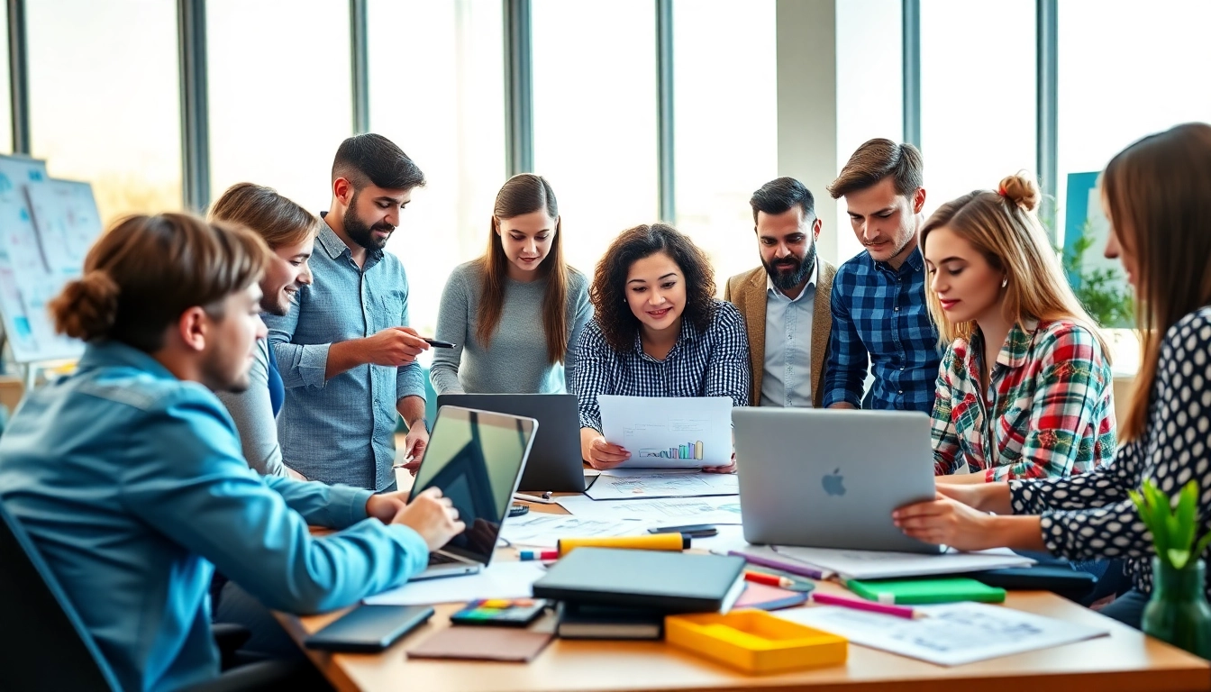 Web designers essex collaborating creatively in a modern, bright office space.