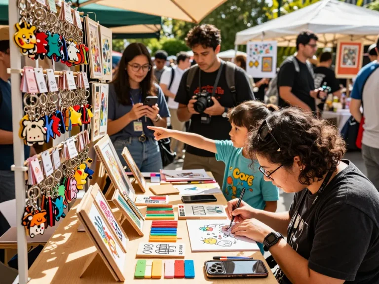 Custom key chains displayed at a vibrant market stall, featuring unique designs and creative processes.