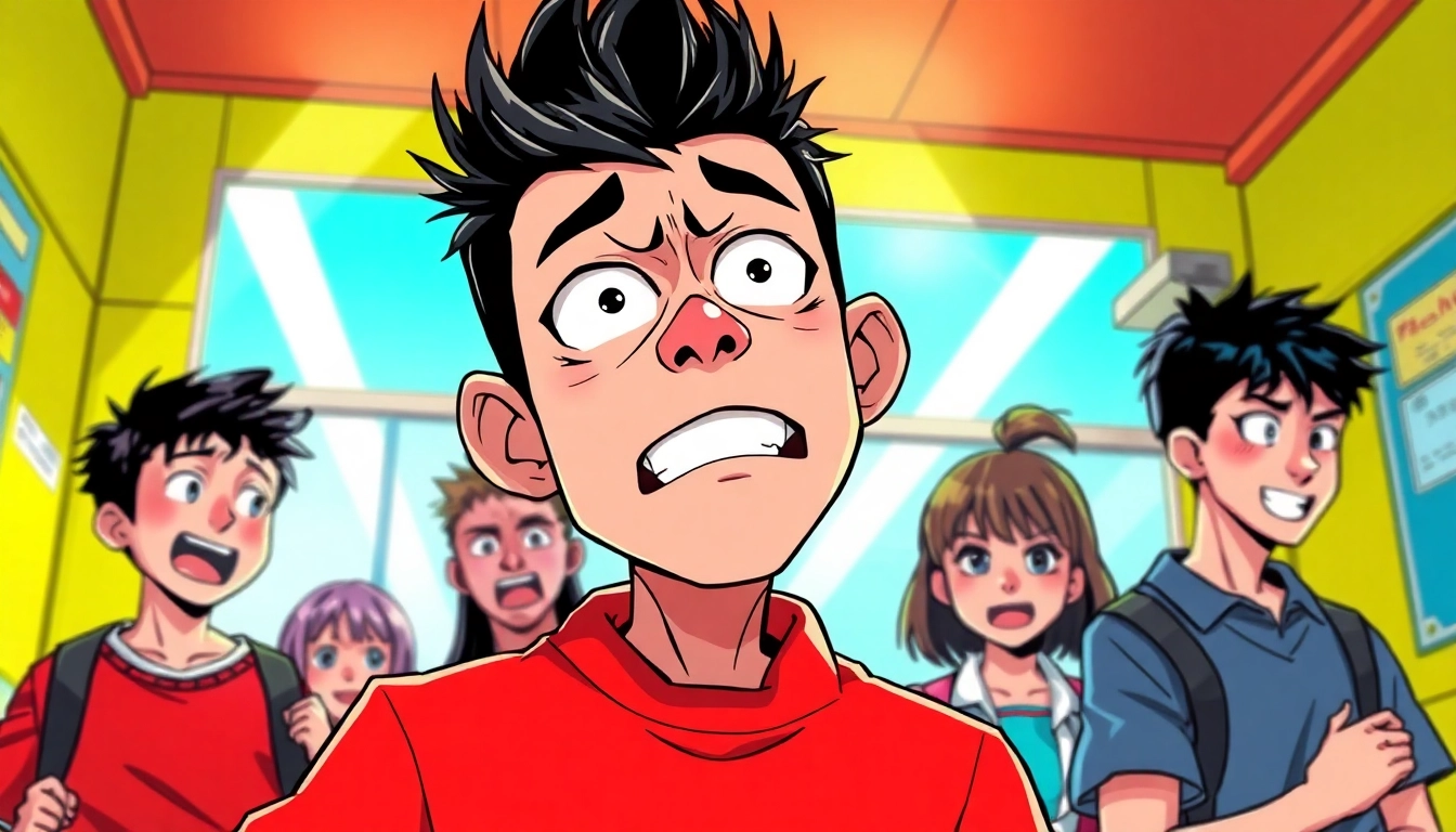 Chinpoman は、個性的な漫画キャラクターで、高校生活をユーモラスに乗り切る姿。カラフルな同級生に囲まれている。