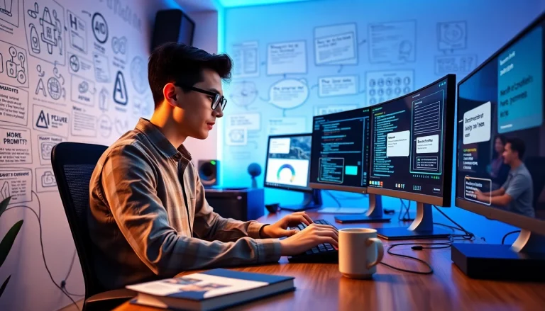 Image to prompt generation scene with an AI developer at a modern workstation