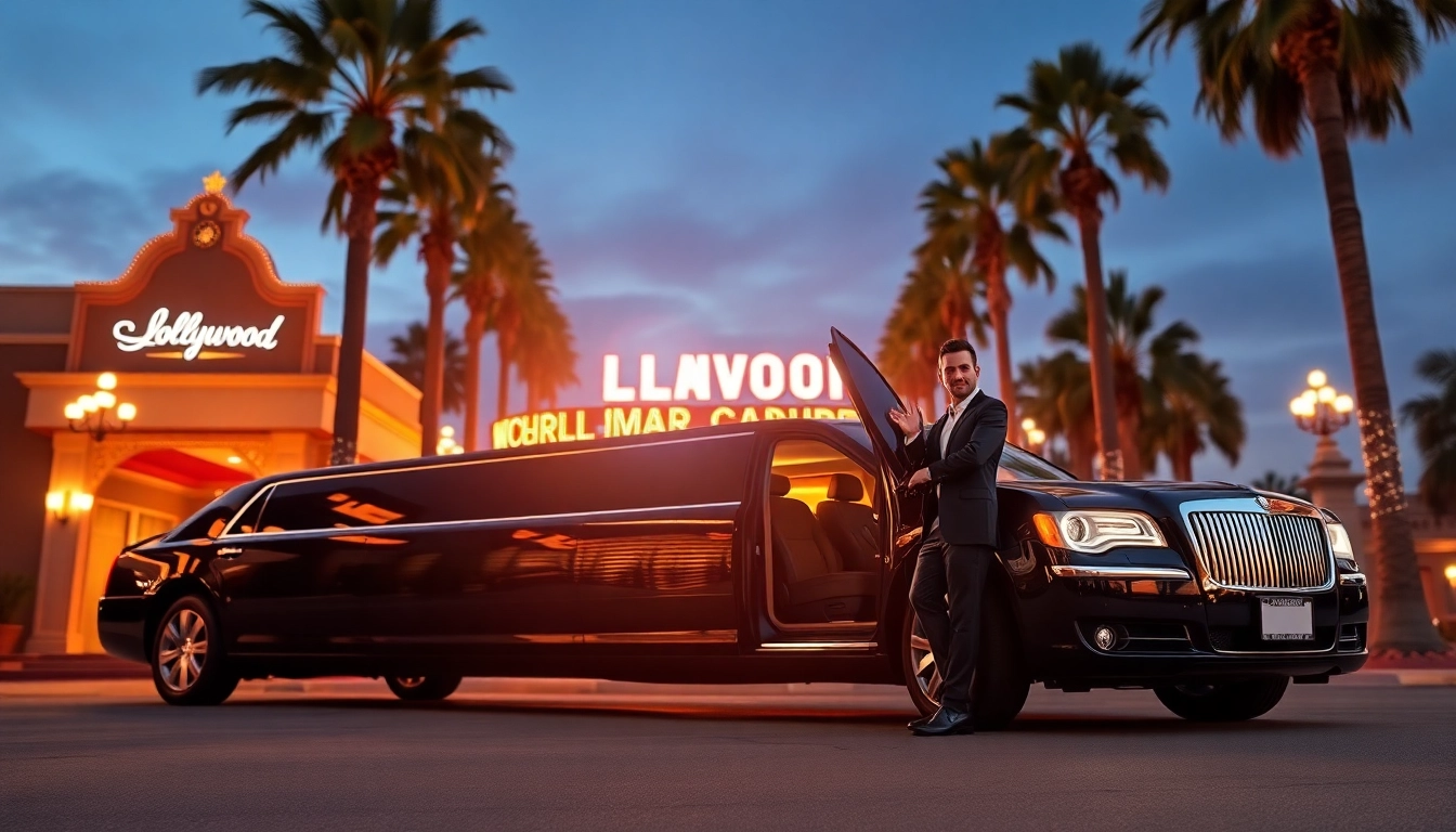 Luxury LA Limo in Hollywood with welcoming chauffeur at twilight.