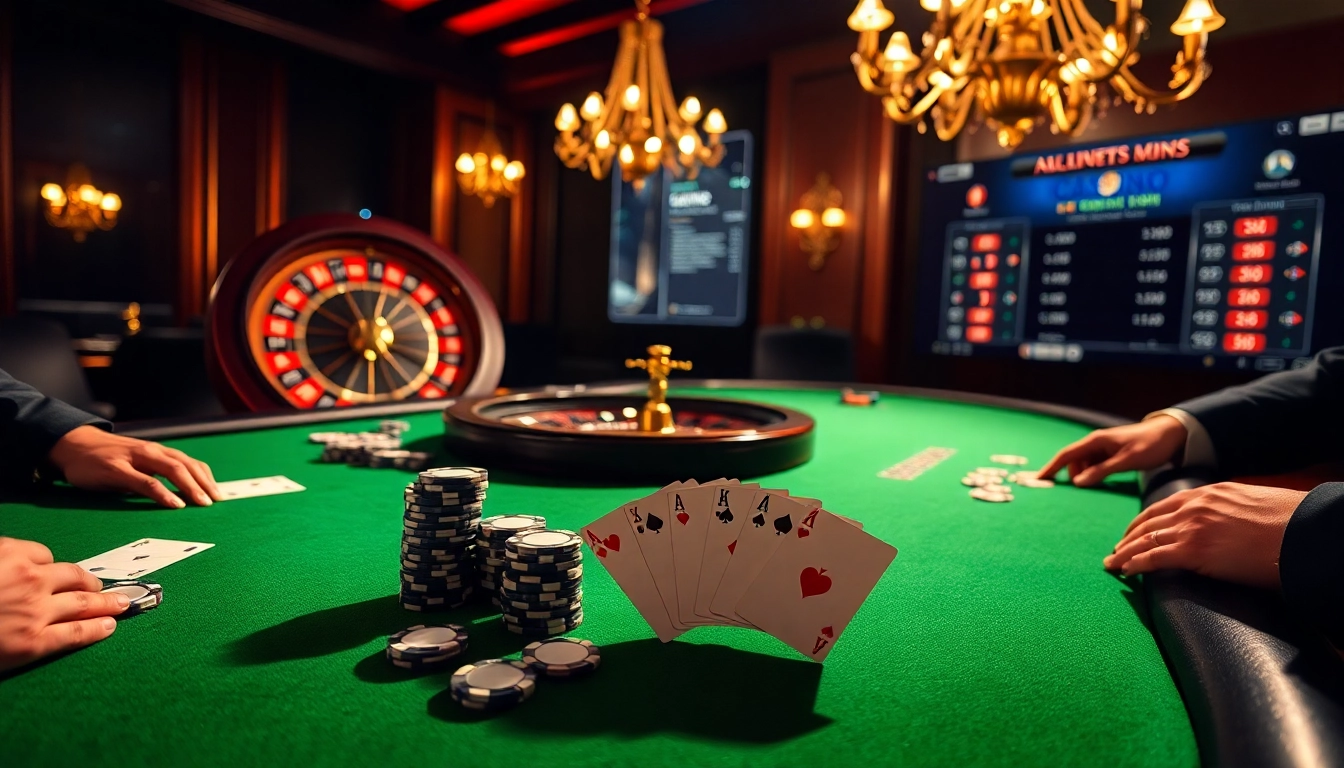 Vivez l'excitation du casino en ligne avec une partie de poker animée, mettant en vedette des joueurs et des jetons.