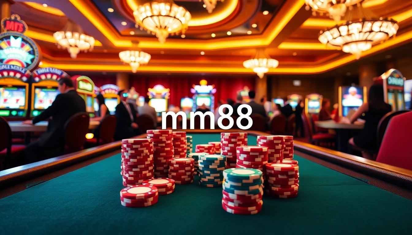 Engaging casino scene at mm88 highlighting a poker table and vibrant slot machines.