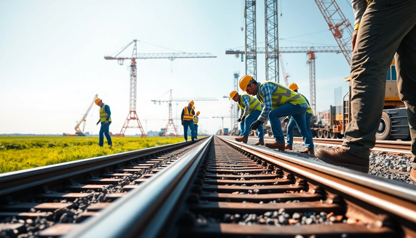 Workers collaborating on railroad construction, showcasing teamwork and precision in installation.