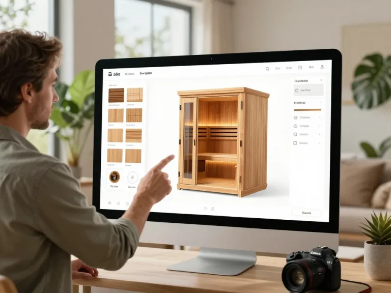 Experience the sauna 3D configurator, personalizing sauna designs with wood options and accessories in a stylish home.