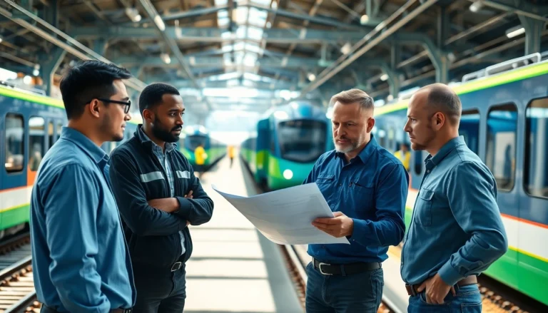 Rail systems company engineers collaborating on innovative rail technology in a vibrant yard.