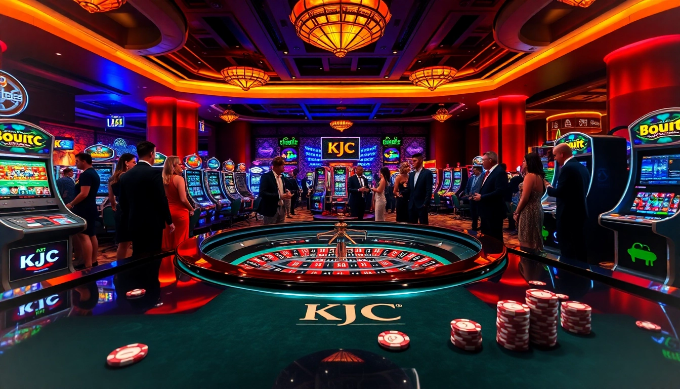 Players engaging confidently at a KJC-branded casino, showcasing excitement and strategic gameplay.