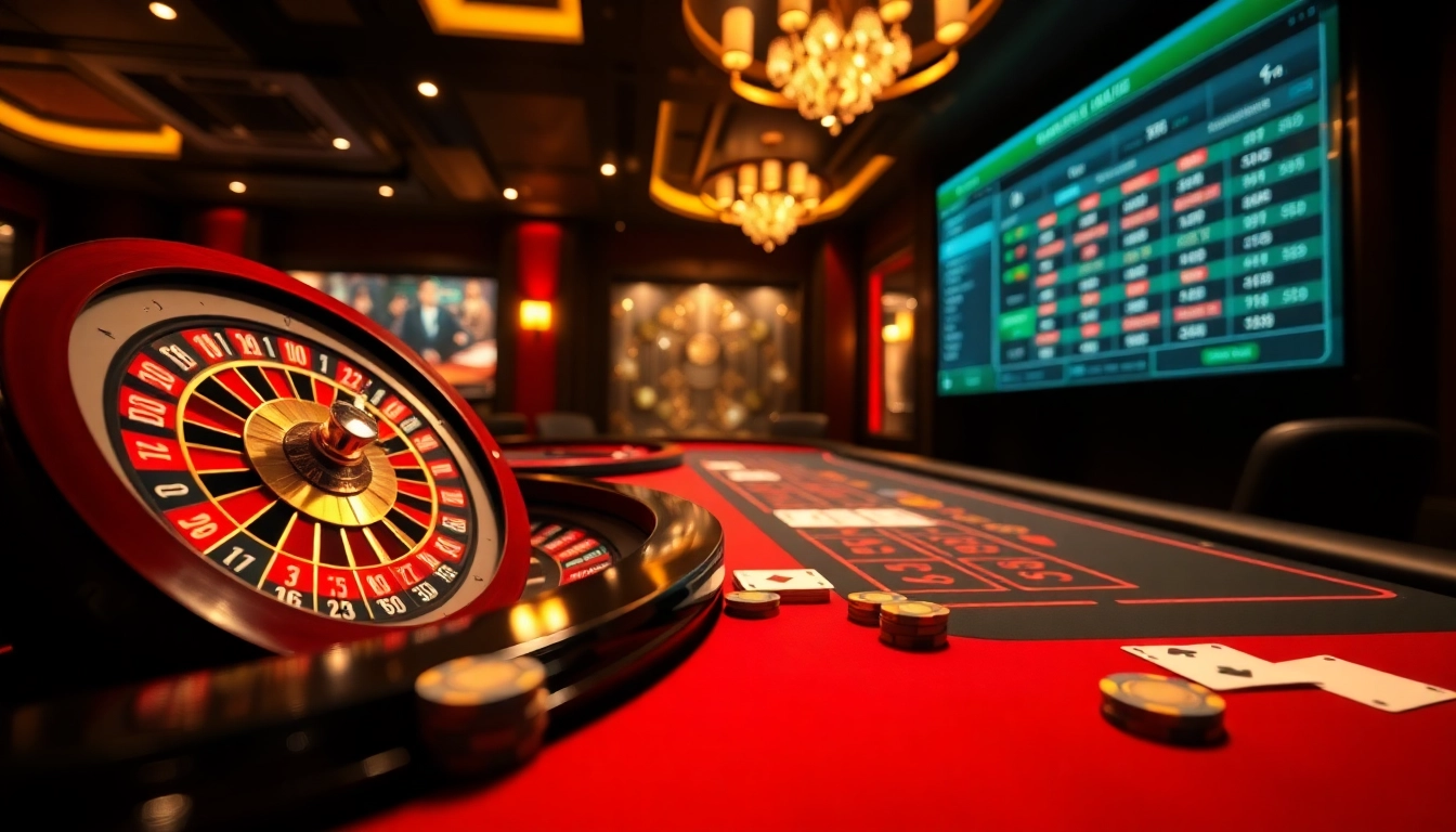 Engage with thrilling casino action at https://www.qq8827.com/ featuring a roulette wheel and blackjack table.