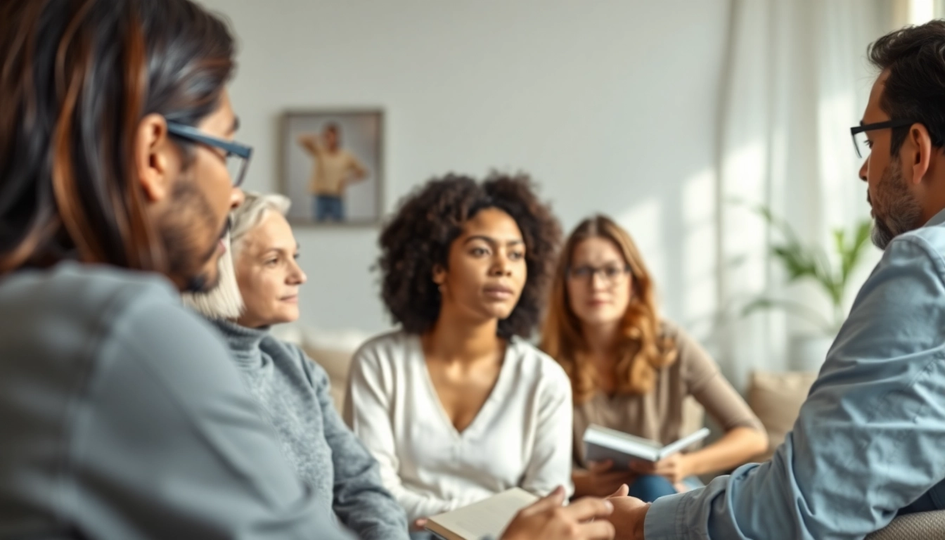 Anxiety symptoms illustrated through a therapist's warm interaction with a diverse group.