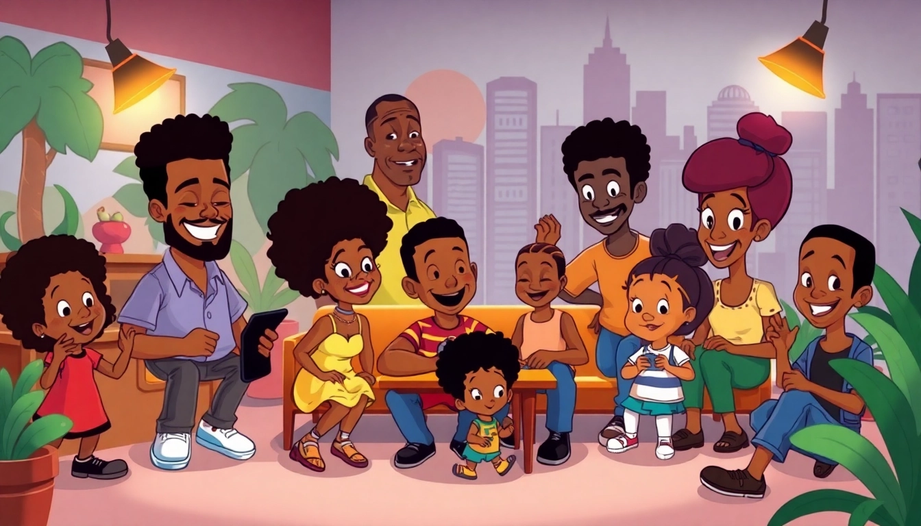 A vibrant illustration of African American cartoons showcasing iconic characters in a joyful and colorful setting.