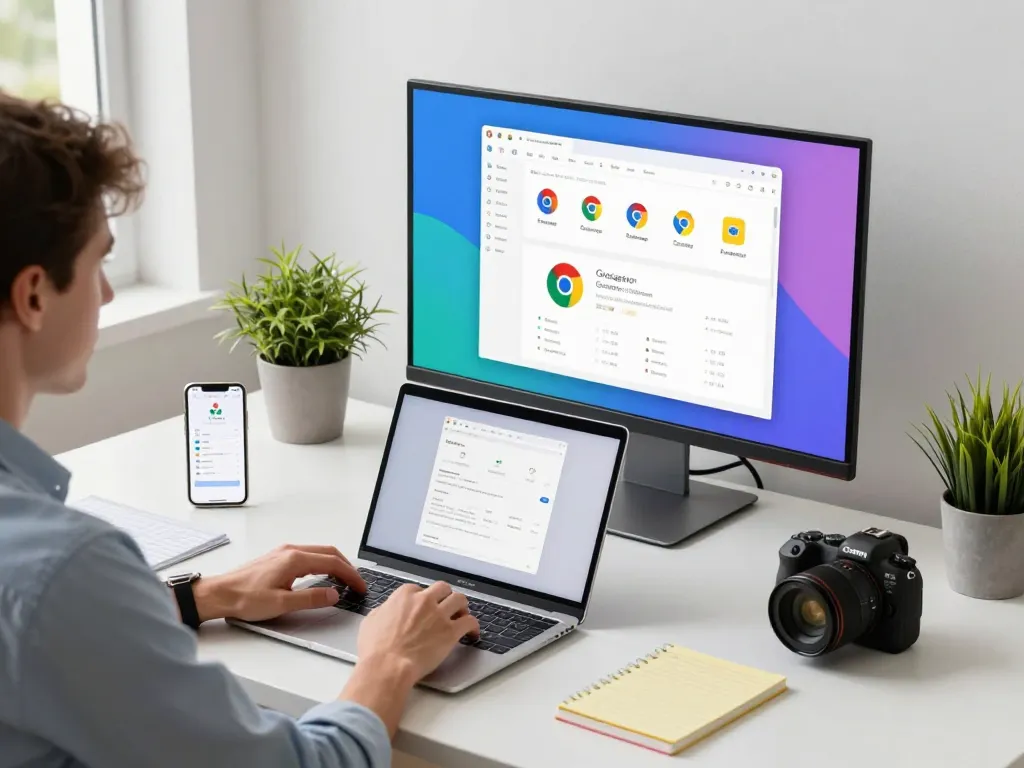 专业工作空间展示谷歌浏览器在现代桌面设置中与科技设备和生产力工具的使用。