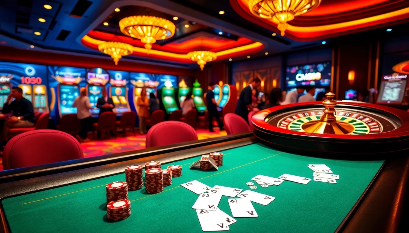 Experience the excitement of CM88 with vibrant casino visuals featuring poker and roulette.
