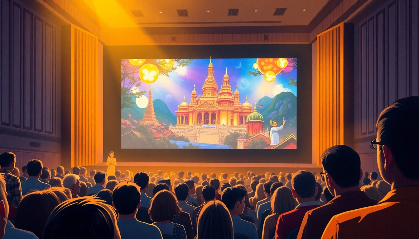 ดูหนัง ภายในโรงภาพยนตร์ที่มีบรรยากาศอบอุ่นและผู้ชมที่ตื่นเต้น