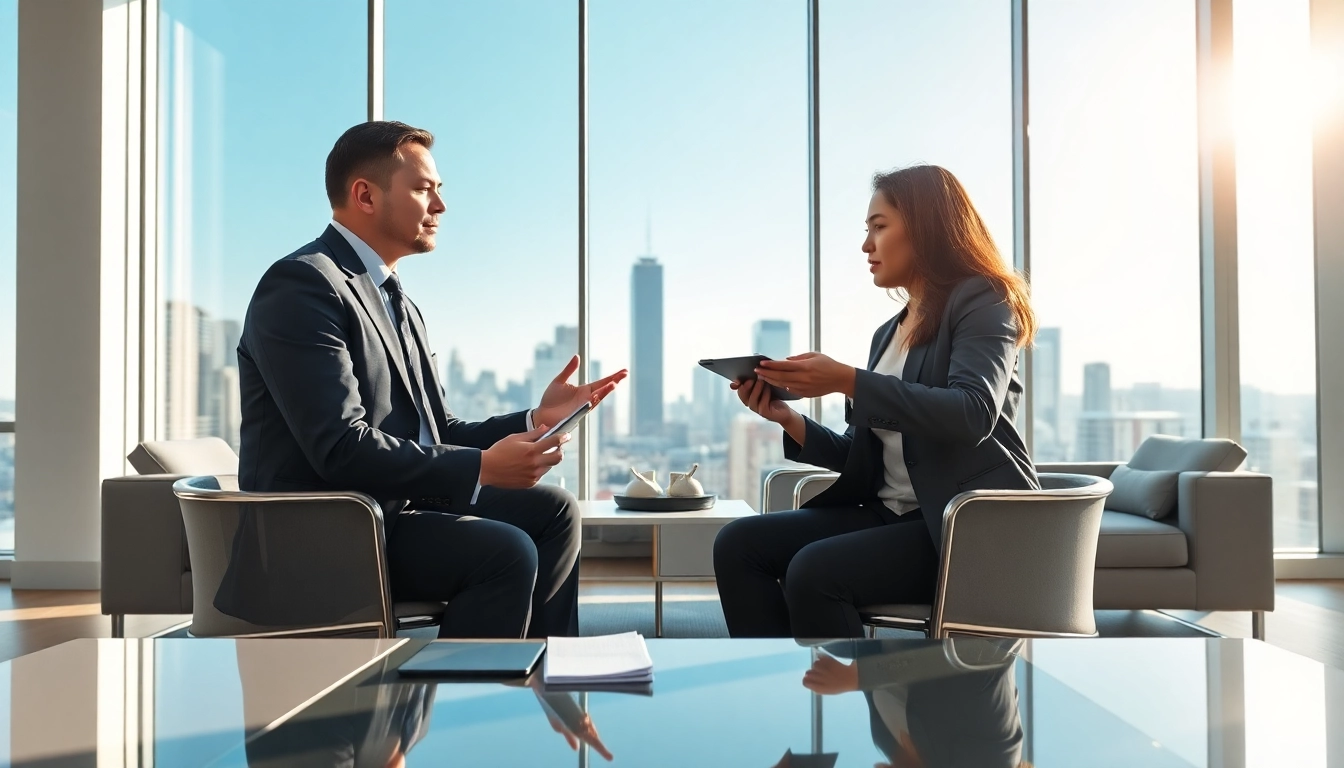 Abfindung verhandeln bei einem Rechtsanwalt in einem modernen Büro mit Stadtblick.