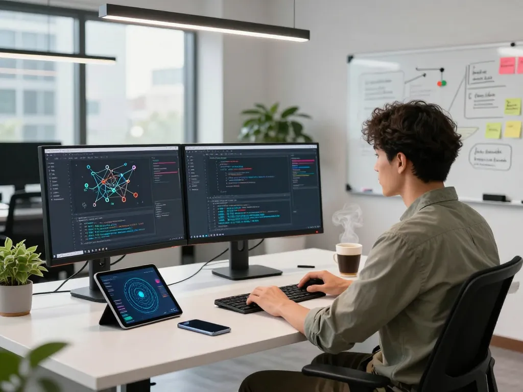 快连软件开发工作区，配有多个显示器、编码平台和现代办公环境。