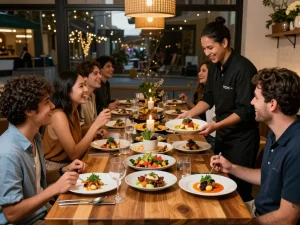 Exciting dining experience at POKERSERI restaurant with friends enjoying flavorful dishes.