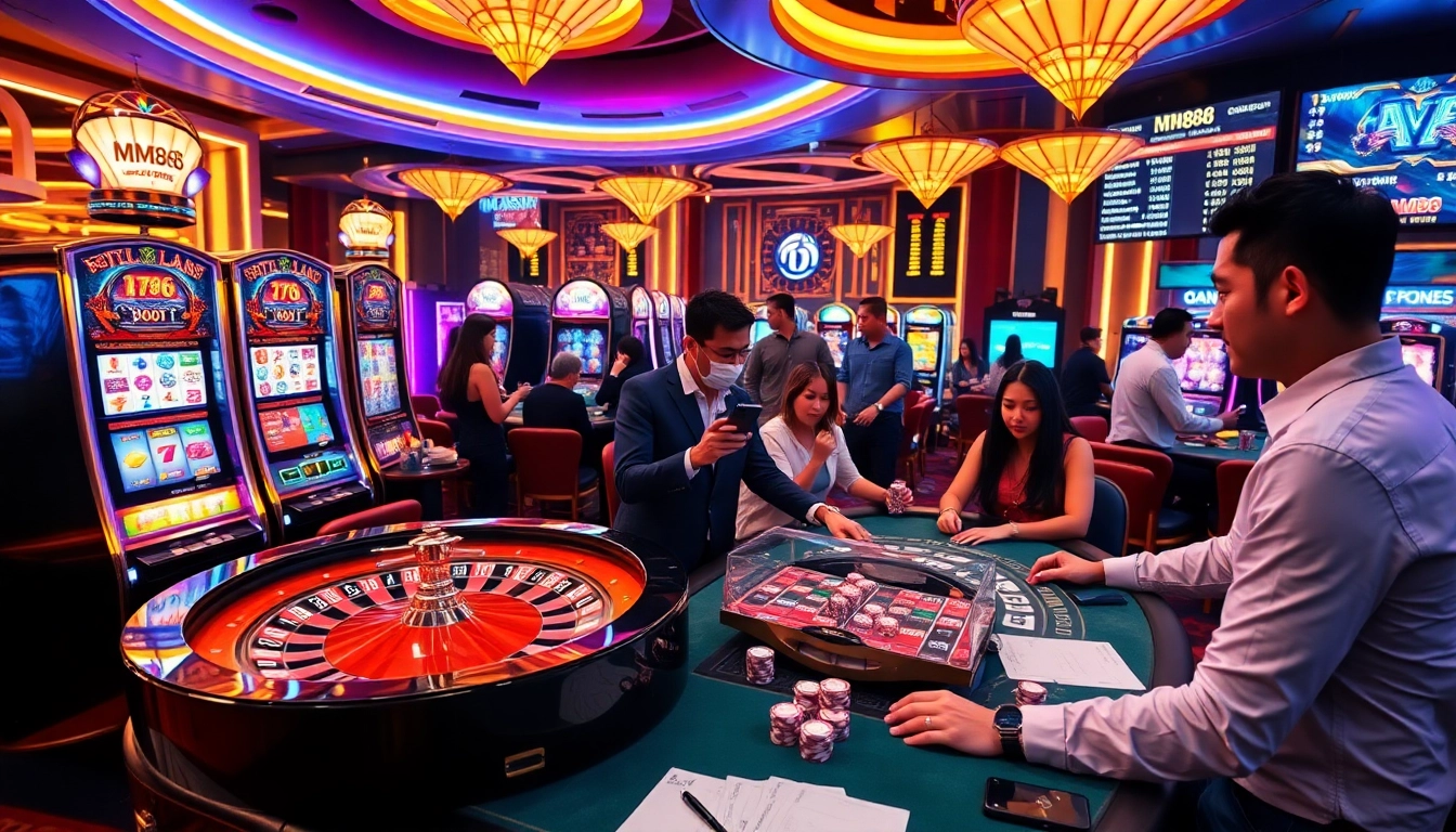 Experience thrilling gameplay at MM888 with vibrant slot machines and an exciting poker table scene.