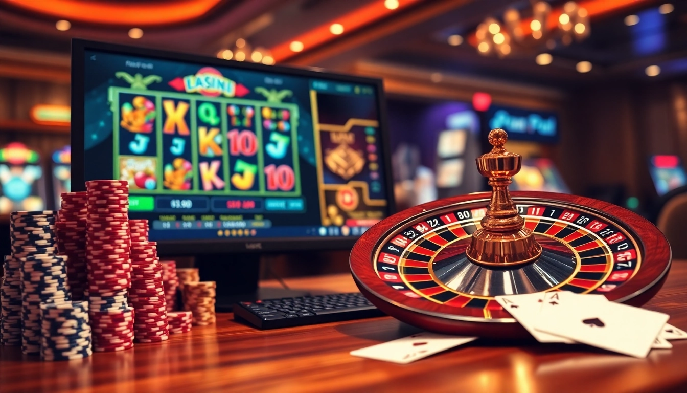 Casino en ligne vibrant avec des jetons de poker, une roue de roulette et des graphiques de machines à sous animés.