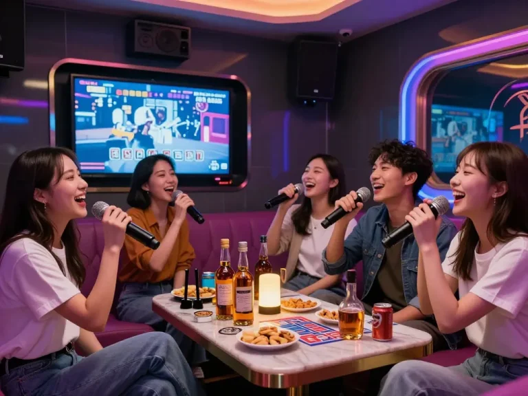 A lively group enjoying karaoke at gangnamtune.com, surrounded by vibrant lights and drinks.