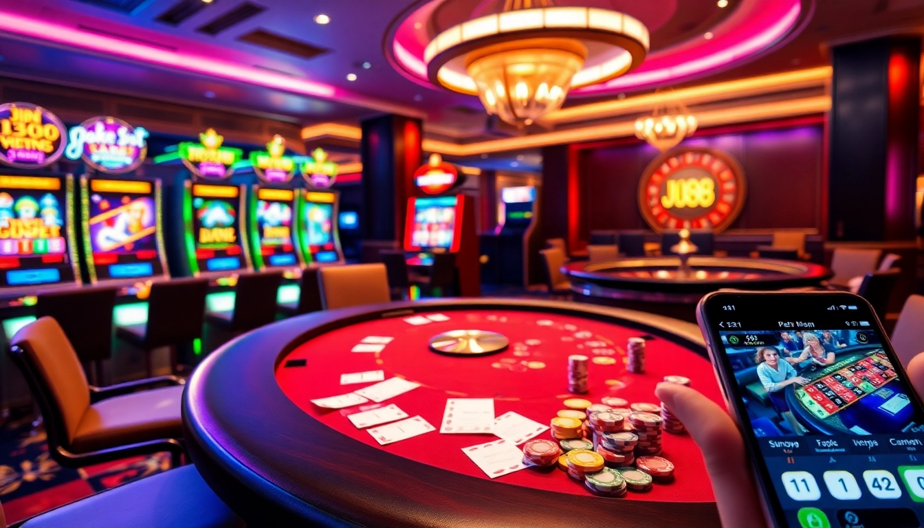 Players enjoying thrilling poker games at Jun88 casino with vibrant slot machines and betting slips