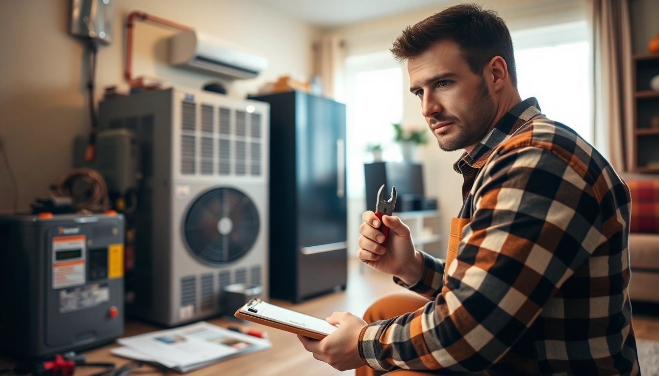 Alberta HVAC dealer technician checking a heating system in a cozy home environment.