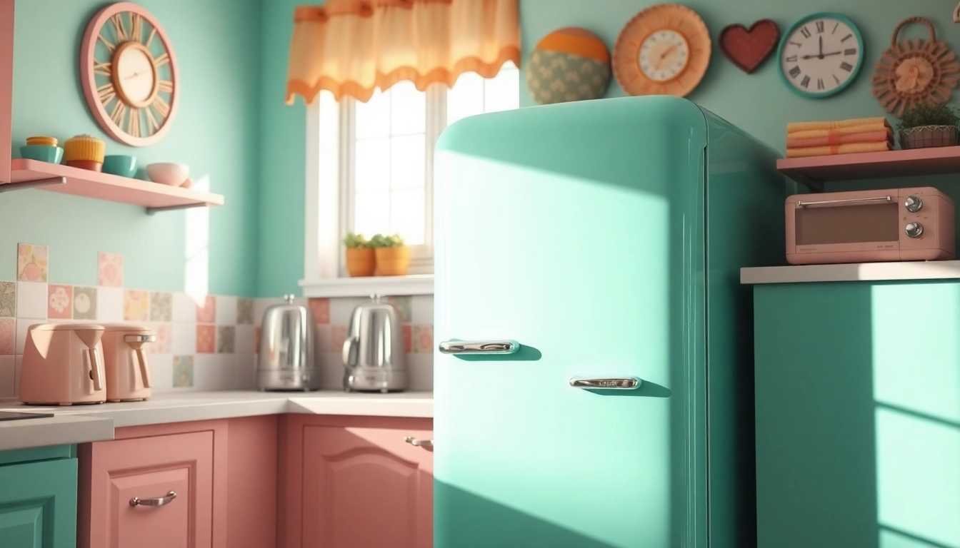 Showcase retro appliance in a colorful kitchen, highlighting nostalgic design features.