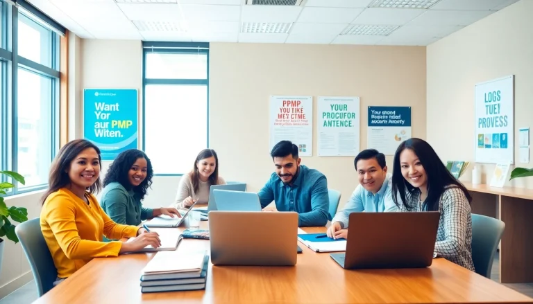 PMP exam support with diverse individuals collaborating in a professional study setting.