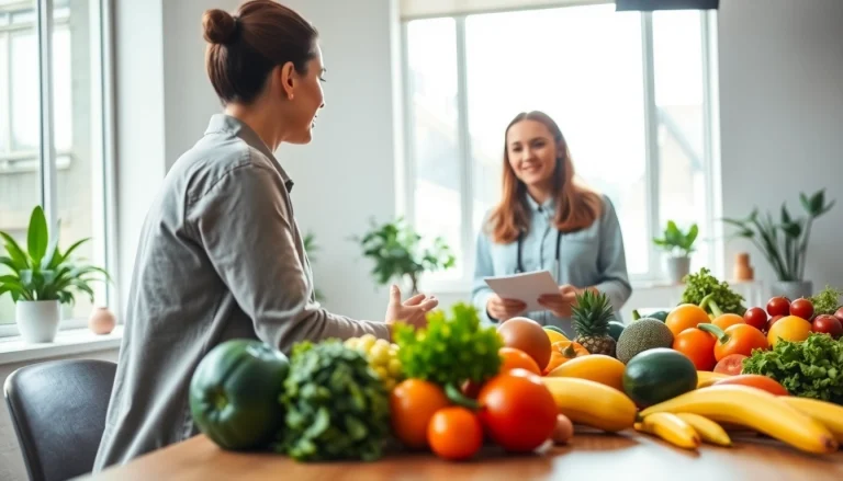 Consultation on health nutrition with vibrant fruits in a bright setting.