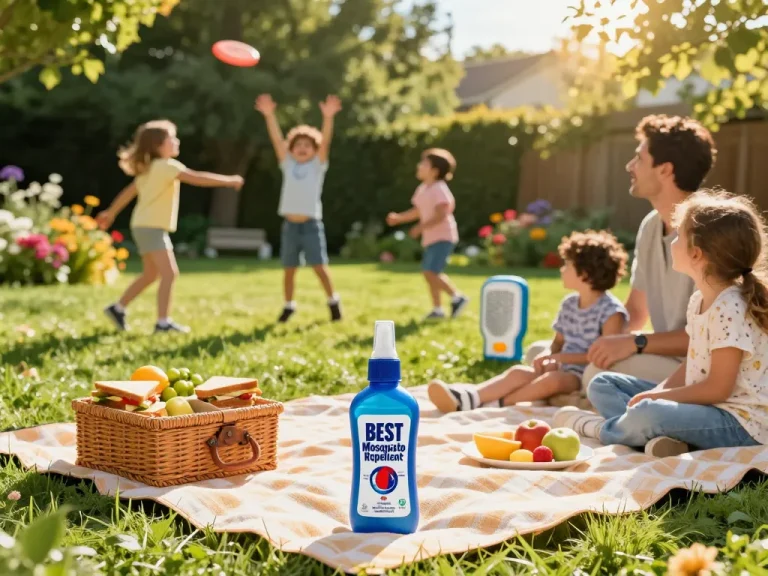 Family enjoying a picnic outdoors with Best Mosquito Repellent on display, ensuring a bug-free experience.