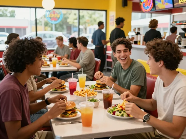 Fast food menu highlights featuring friends enjoying burgers and fries in a lively restaurant setting.