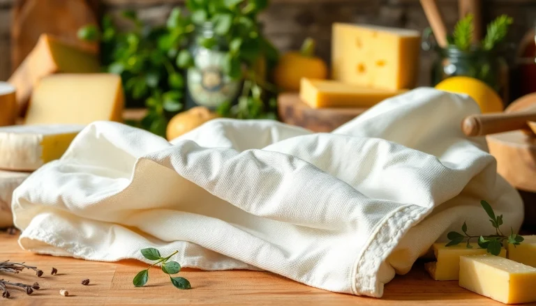 Kaasdoek netjes gevouwen in een ambachtelijke keuken met diverse ingrediënten.